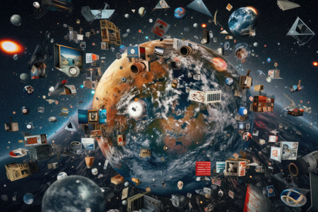 massive social media, devices, data, icons, floating around the earth. beautiful Generative AI AIG32の素材