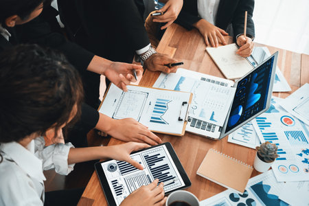 Financial data analysis dashboard by Fintech BI or business intelligence display on laptop and tablet to in-depth financial data analysis by business people planning on marketing. Habilimentの写真素材