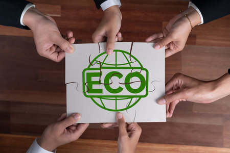Top view cohesive group of business people forming jigsaw puzzle pieces in environmental awareness symbol as eco corporate responsibility as sustainable solution for greener Earth. Quaintの写真素材