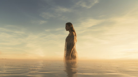 Woman in Yoga Full Body Backlit Pose in the breath taking Ocean. Generative AI image weber.の素材