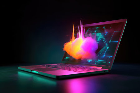 Rocket coming out of laptop screen neon light. beautiful Generative AI AIG32の素材