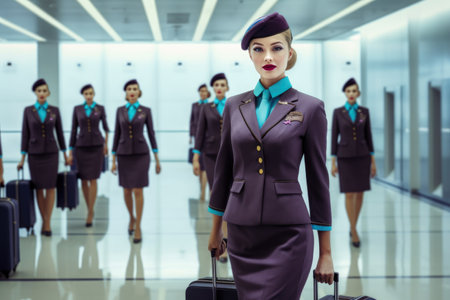 Group of flight attendant walking on airport gate or corridor. Picturesque generative AIの素材