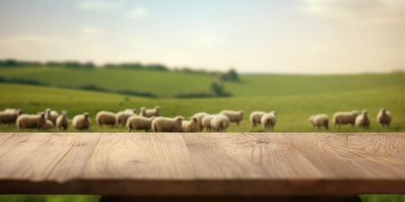 The empty wooden brown table top with blur background of sheep pasture. Exuberant image.の写真素材