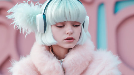 Winter pink paste outfit with beautiful female model, colorful dyed hair and fashionable teenager girl wearing headphone. Picturesque generative AIの素材