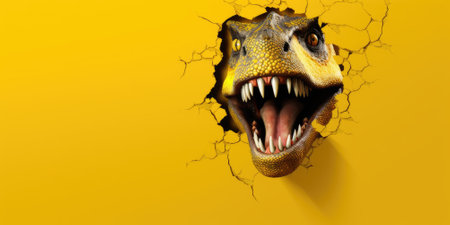 Cute T-Rex peeking out of a hole in wall, torn hole, empty copy space frame, mockup. Generative AI image weber.の素材