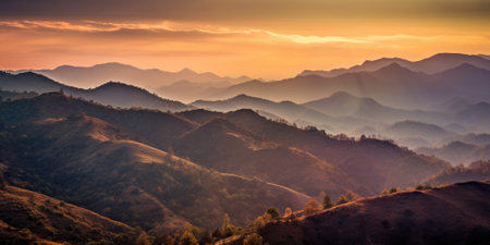 The morning sun rising over a mountain range with shades of pink and orange. Generative AI AIG27.の素材