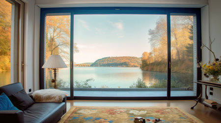 The modern living room interior design with large windows providing mountain and lake views. Generative AI AIG27.の素材