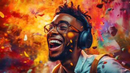 candid shot of an excited young african man party with headphones. beautiful Generative AI AIG32の素材