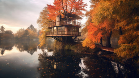 The exterior design of lakeside treehouse in autumn. Generative AI AIG30.の素材