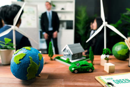 Mockup electric car with eco-friendly energy infrastructure on table with blurred background of...