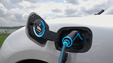 Electric car plug in with charging station, recharge battery by EV charger cable display smart...