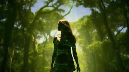 Woman in Yoga Full Body Backlit Pose in the Forrest. Generative AI image weber.の素材