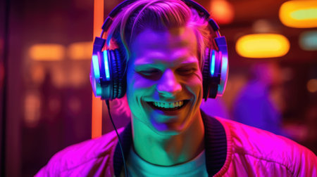 candid shot of an excited young scandinavian man party with headphones. beautiful Generative AI AIG32の素材