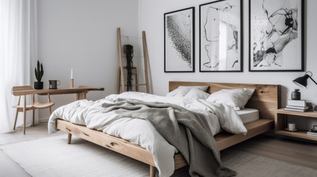 Bedroom decor, home interior design . Scandinavian Minimalist style with Statement Artwork decorated with Wood and Metal material . Generative AI AIG26.の素材