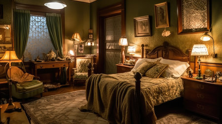 Bedroom decor, home interior design . Art Nouveau Vintage style with Wallpaper decorated with Wood and Brass material . Generative AI AIG26.の素材