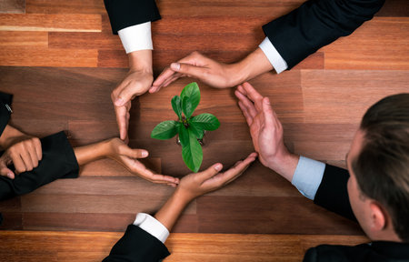 Panoramic banner top view business investment on reforestation by group of people holding plant together promoting CO2 reduction and natural preservation to save Earth with sustainable future. Quaintの写真素材