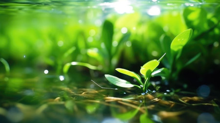 half underwater, macro photography, stream of fresh water, young green plant, outdoor springtime. beautiful Generative AI AIG32の素材