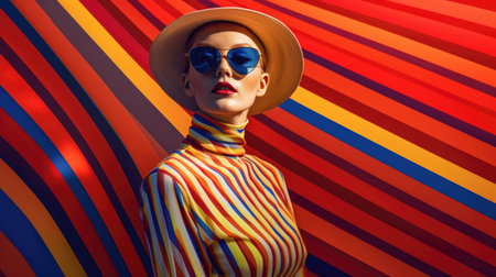 Young female model posing with trendy fashion outfit and colorful optical art abstract background. Picturesque generative AIの素材