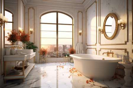The classic large bathroom interior design with white marble colors and elegant white bathtub. Generative AI AIG27.の素材