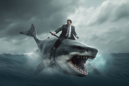 A businessman riding a great white shark. Generative AI AIG27.の素材