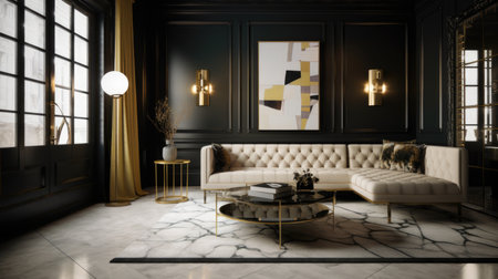 Living room decor, home interior design . Art Deco Contemporary style with Large Window decorated with Velvet and Marble material . Generative AI AIG26.の素材
