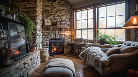 Bedroom decor, home interior design . Rustic Farmhouse style with Fireplace decorated with Wood and Stone material . Generative AI AIG26.の素材
