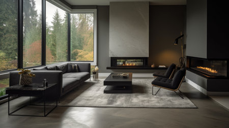 Living room decor, home interior design . Modern Minimalist style with Fireplace decorated with Concrete and Glass material . Generative AI AIG26.の素材