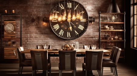 Interior design inspiration of Industrial Rustic style home dining room loveliness decorated with Metal and Wood material and Edison Bulb Pendant Light .Generative AI home interior design .の素材
