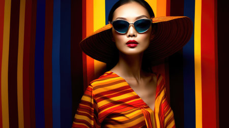 Young female model posing with trendy fashion outfit and colorful vibrant orange optical art abstract background. Picturesque generative AIの素材