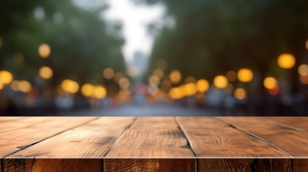 The empty wooden table top with blur background of outdoor cafe at the street. Exuberant image.の写真素材