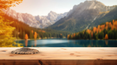 The empty wooden table top with blur background of lake and mountain in autumn. Exuberant image.の写真素材