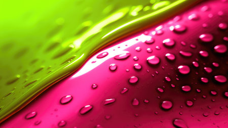 The close up of a glossy metal surface in bright lime green and hot pink colors with a soft focus. Generative AI AIG30.の写真素材