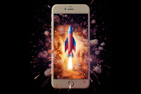 Rocket coming out of smartphone screen. beautiful Generative AI AIG32の素材