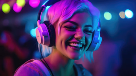 candid shot of an excited young scandinavian woman party with headphones. beautiful Generative AI AIG32の素材