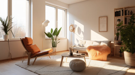 Living room decor, home interior design . Scandinavian Minimalist style with Large Window decorated with Wood and Concrete material . Generative AI AIG26.の素材