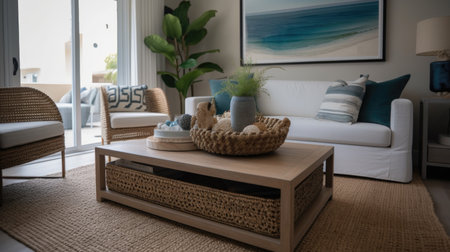 Living room decor, home interior design . Coastal Modern style with Ocean view decorated with Rattan and Metal material . Generative AI AIG26.の素材