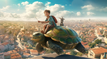 A little boy riding on a giant turtle above suburban town. Generative AI AIG27.の素材