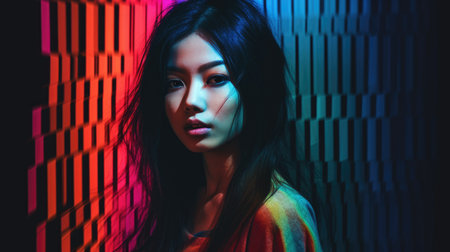 Beautiful model with colorful and trendy outfit with glowing light, fashionable asian glitch core teenager girl. Picturesque generative AIの素材