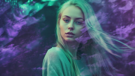 Beautiful model with colorful and trendy outfit with glowing purple green neon light, colorful dyed hair and fashionable glitch core teenager girl. Picturesque generative AIの素材