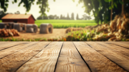 The empty wooden brown table top with blur background of farm and barn. Generative AI image AIG30.の素材