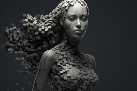 A woman made of dark grey puzzle pieces with some are missing, Generative AI AIG27.の素材