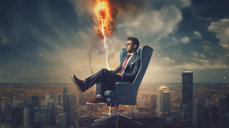 Businessman with rocket taking off as concept of business startup with sky and city background. Picturesque generative AIの素材