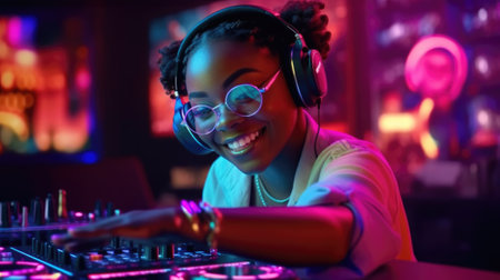 candid an excited DJ young african woman mixing music at turntables with headphones. beautiful Generative AI AIG32の素材