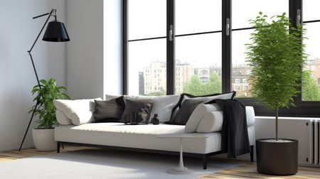 Living room decor, home interior design . Contemporary Minimalist style with Large Window decorated with Concrete and Leather material . Generative AI AIG26.の素材