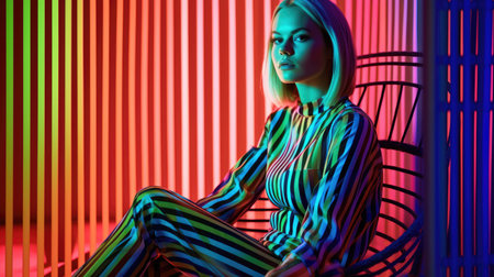 Young female model posing with trendy fashion outfit and colorful glowing vibrant green lime and pink optical art abstract background. Picturesque generative AIの素材
