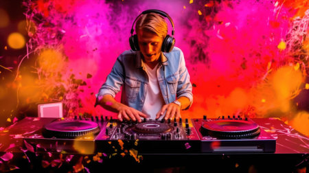candid an excited DJ young scandinavian man mixing music at turntables with headphones. beautiful Generative AI AIG32の素材