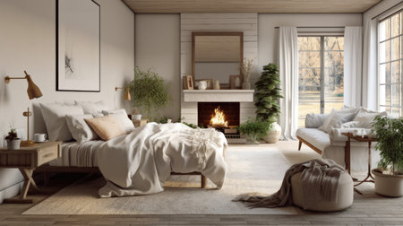 Bedroom decor, home interior design . Scandinavian Rustic style with Fireplace decorated with Wood and Stone material . Generative AI AIG26.の素材