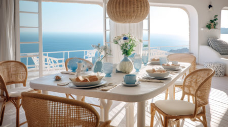 Interior design inspiration of Mediterranean Coastal style home dining room loveliness decorated with Wood and Rattan material and Sea View .Generative AI home interior design .の素材