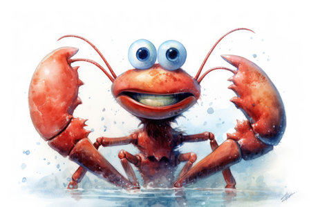 A very cute and happy smiling lobster with big eyes under the sea with against a white background. beautiful Generative AI AIG32の素材
