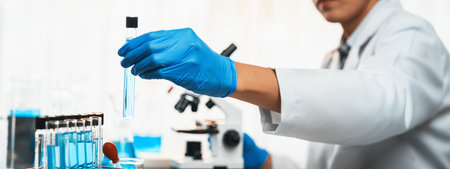 Scientist conduct chemical experiments and research in medical lab as groundbreaking developing for...